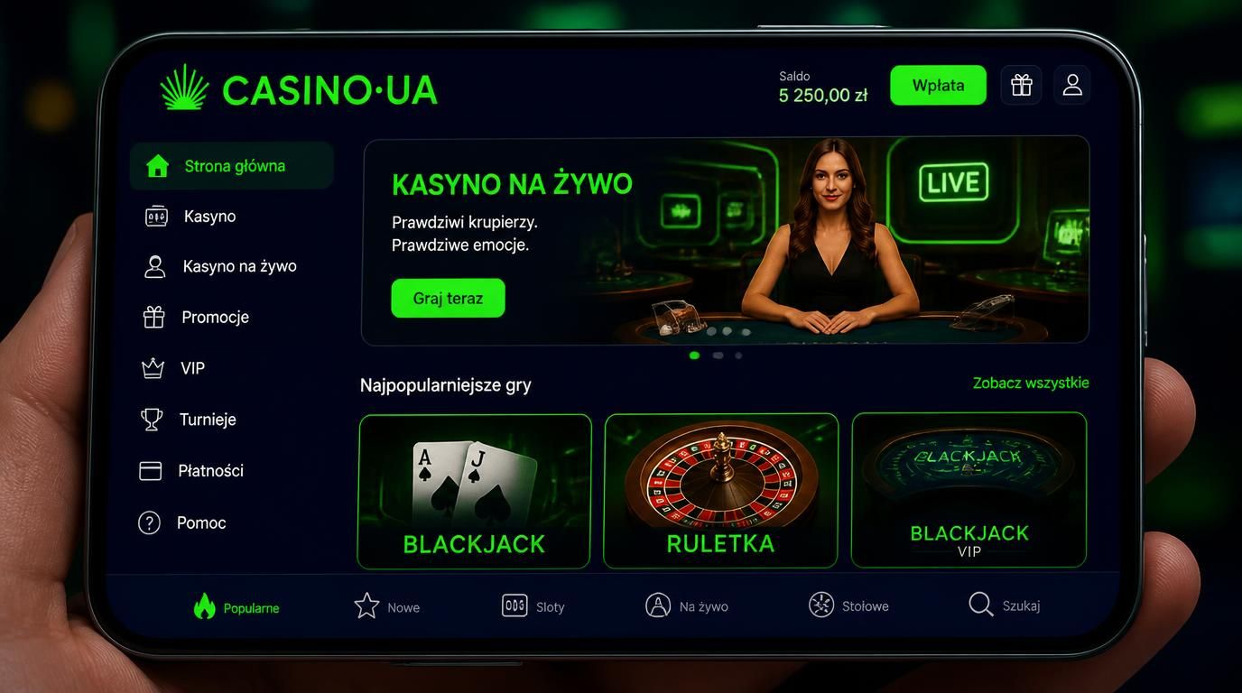 Live casino z krupierem, eleganckie stoły, telefon w dłoni