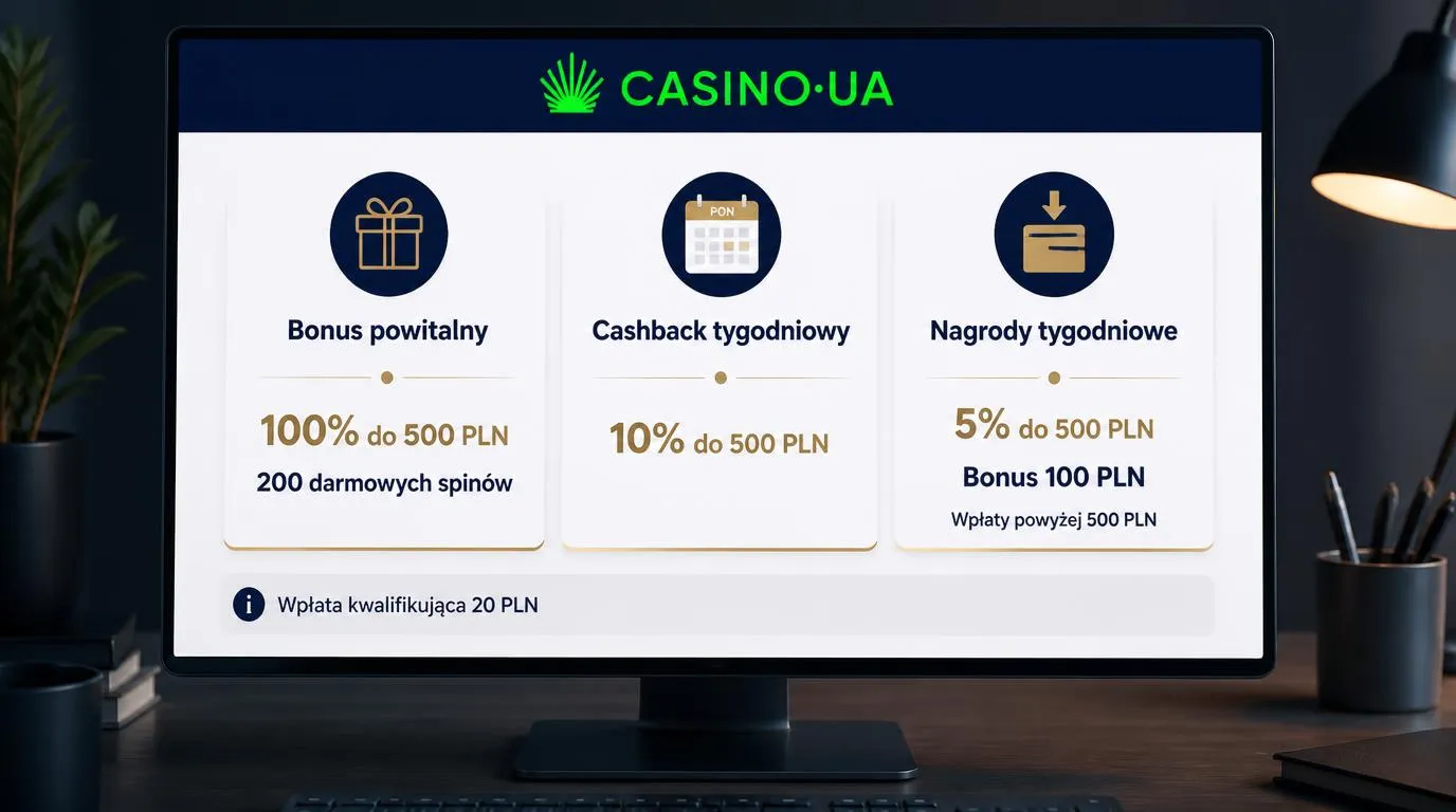 Trzy karty promocji kasynowych z bonusem powitalnym, cashbackiem i nagrodami tygodniowymi w PLN