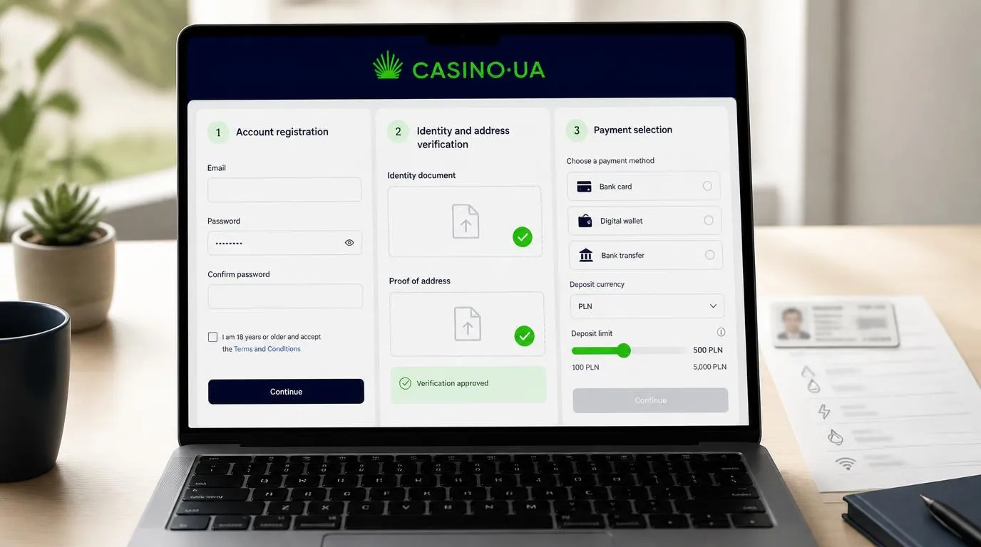 Panel rejestracji, weryfikacji dokumentów i wyboru płatności na ekranie laptopa