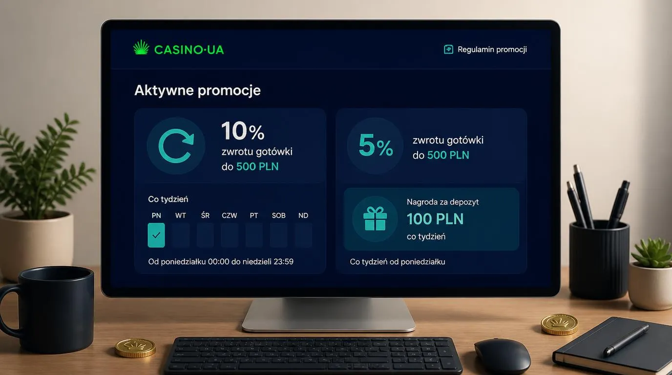 Panel promocji kasynowych z kalendarzem poniedziałkowego cashbacku i kartą tygodniowych nagród