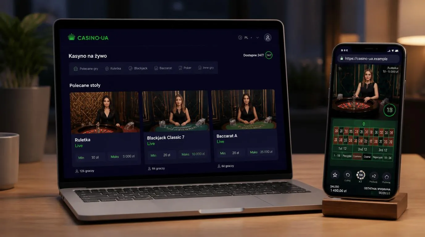 Lobby kasyna na żywo na laptopie i telefonie, z podglądem krupiera oraz limitami stawek